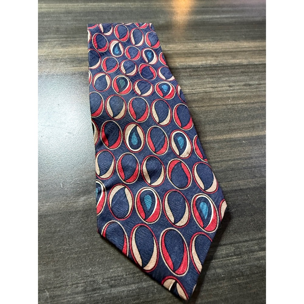 Tom James Mens Silk Necktie Navy Blue Red Gold Geometric Oval Pattern Tie